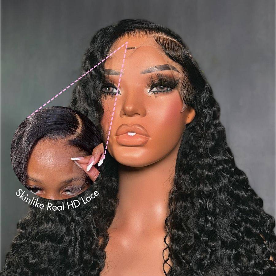 Close-up of WOWANGEL Burmese Curl Glueless Lace Front Wig highlighting skinlike real HD lace for seamless blend and natural hairline.