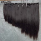 WOWANGEL premium raw straight hair bundles hanging in a row. Thick, natural black hair extensions with a sleek and uniform appearance.