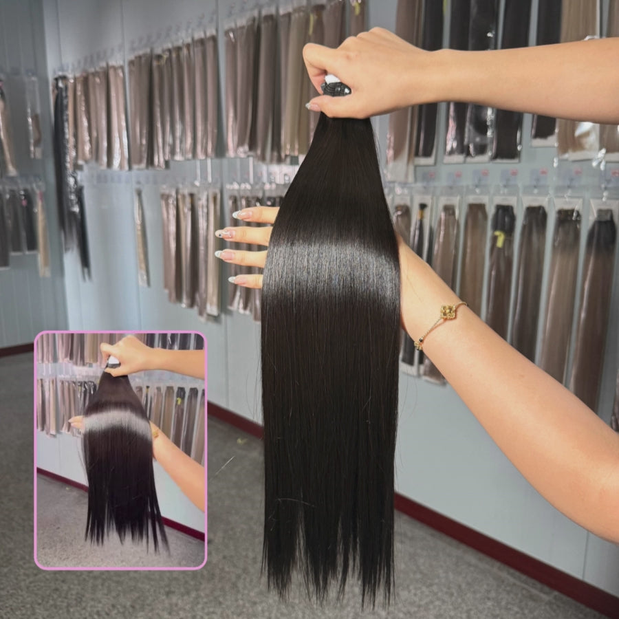 WOWANGEL Virgin Hair Weaves - Double Drawn Bone Straight Bundles shown in hand, showcasing silky texture and full ends for premium hair extensions.