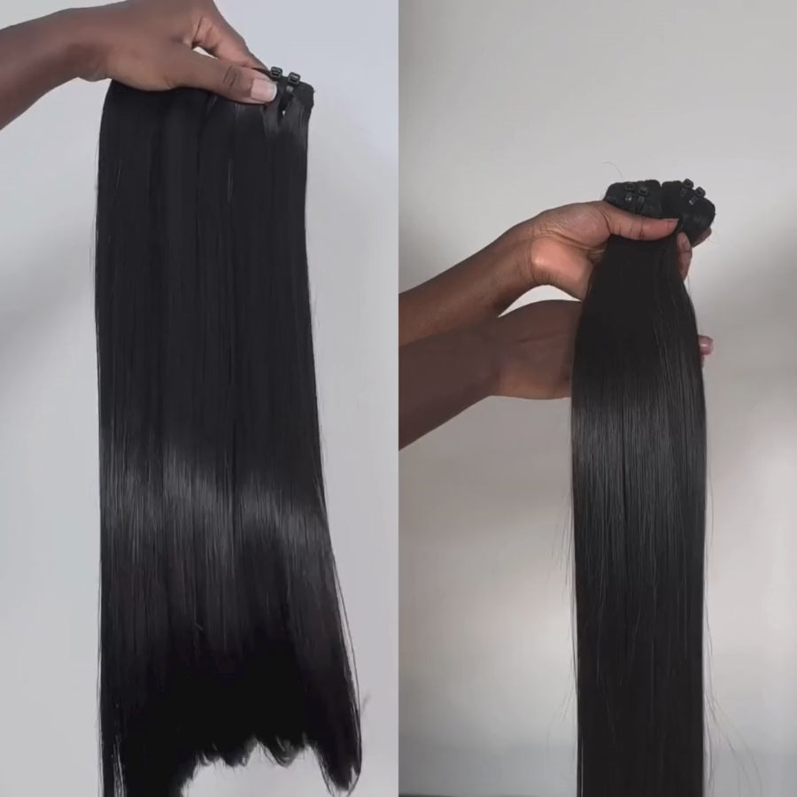 Side-by-side view of WOWANGEL Double Drawn Bone Straight Bundles showing sleek, 100% human virgin hair with uniform thickness and healthy shine.