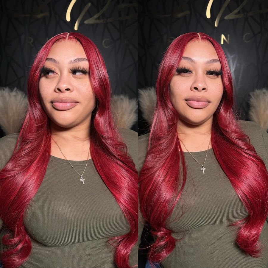 Plum Red 5x5 HD Lace Wig with body wave style, showcased on a model. Glueless and breathable cap for effortless wear and styling.