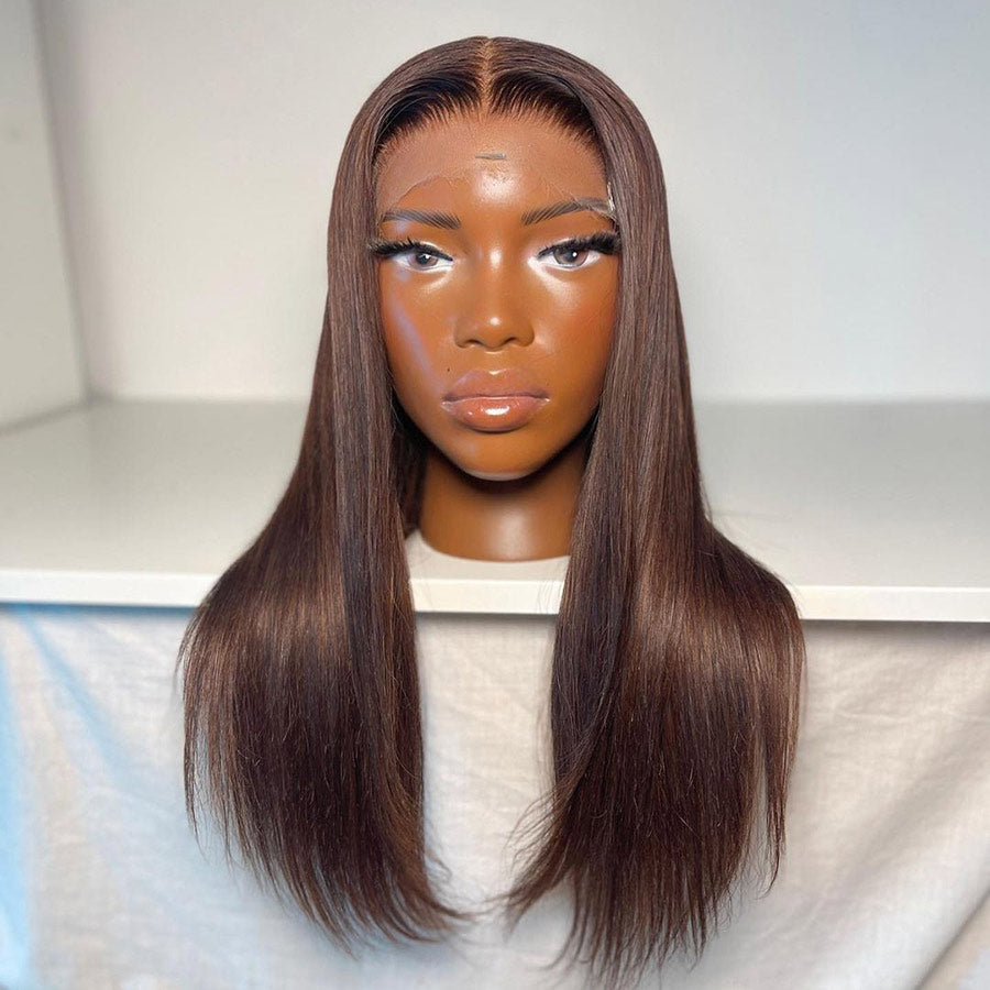 WOWANGEL Straight #4 Dark Brown Color 13X6 HD Lace Frontal Wigs (Clearance Deal)