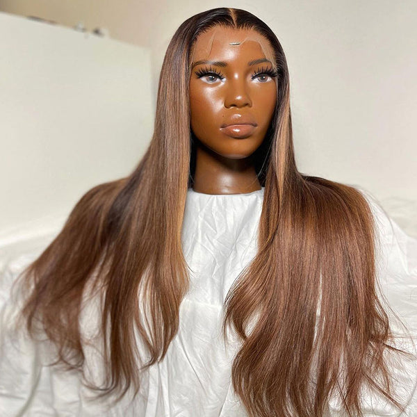 WOWANGEL Ombre Brown Highlight 13x6 Skinlike Real HD Lace Front Wig Straight
