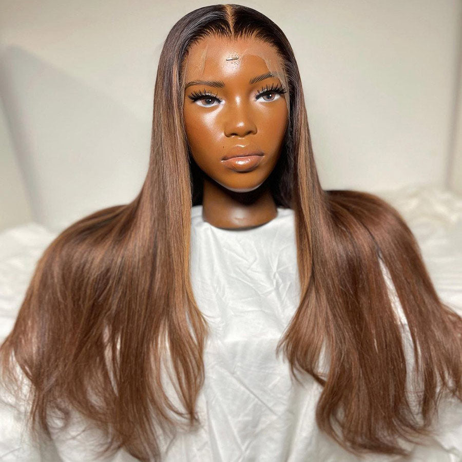 WOWANGEL Brown Highlight 13x6 Skinlike Real HD Lace Front Wig Straight