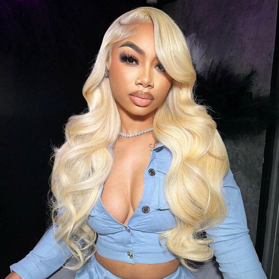 613 Blonde 13x4 Full Frontal Wig on model, body wave style