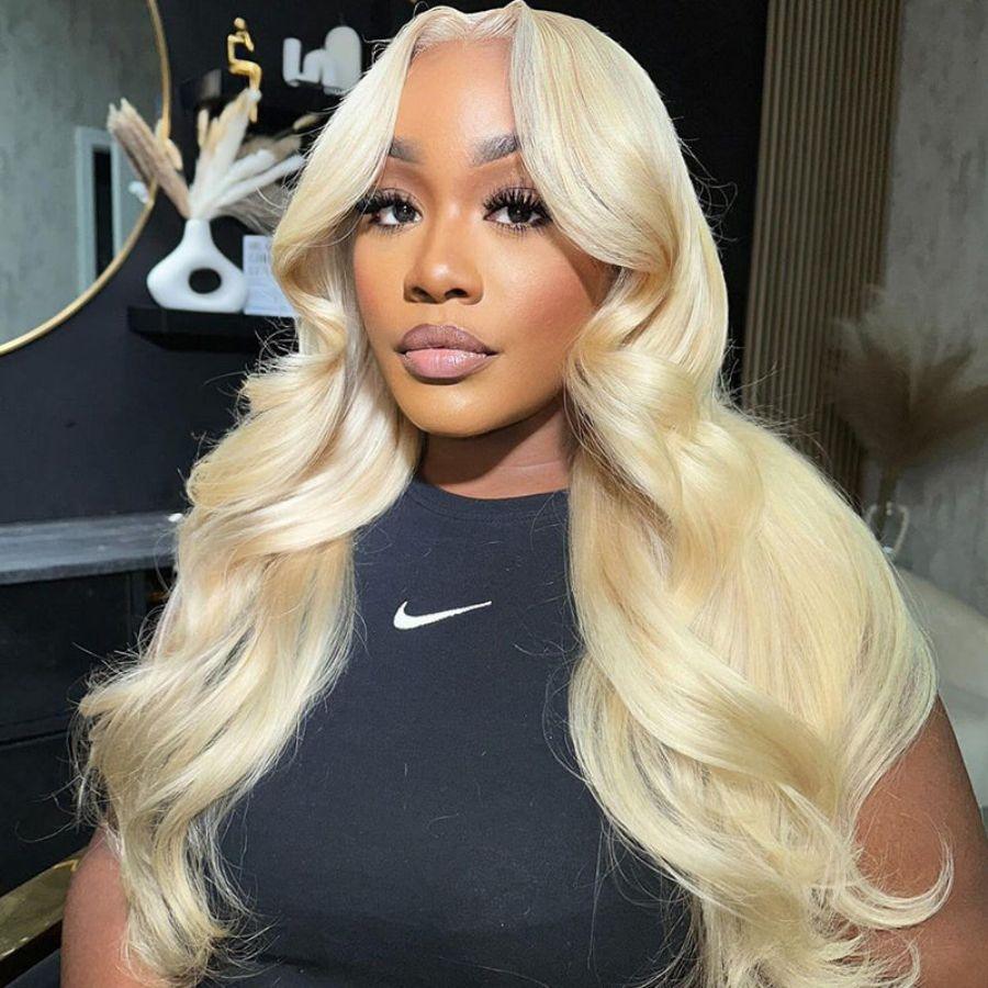 613 Blonde body wave wig on model, glueless lace closure