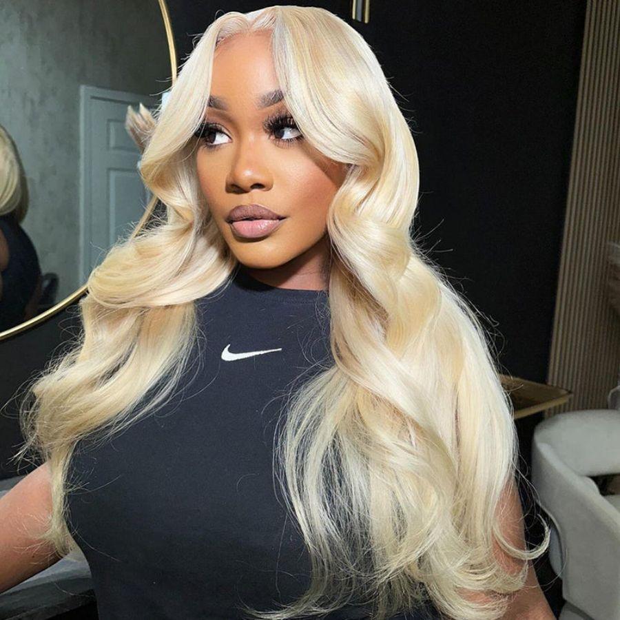 Model wearing 613 Blonde body wave wig, lace frontal