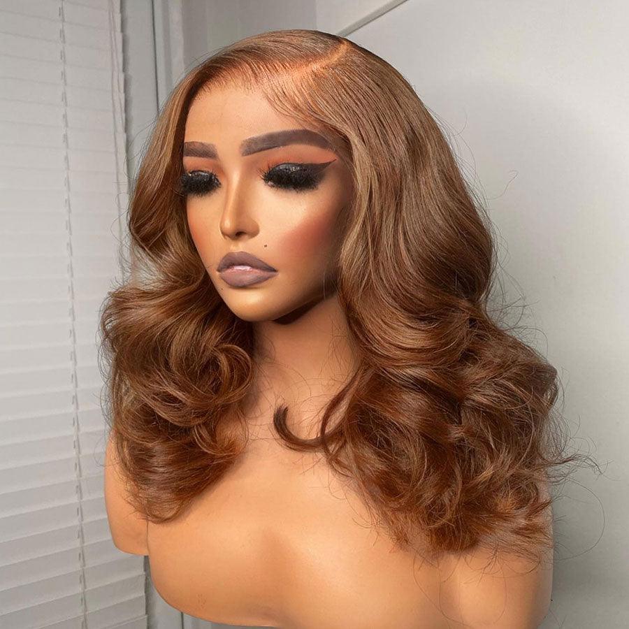 Honey brown body wave wig on mannequin with HD lace