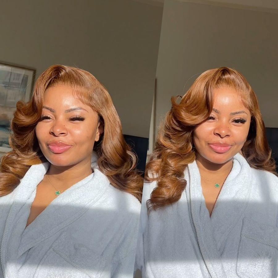 Woman wearing honey brown body wave wig in natural light