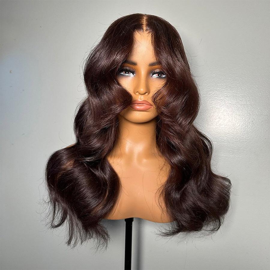 Front view of dark reddish brown lace front wig