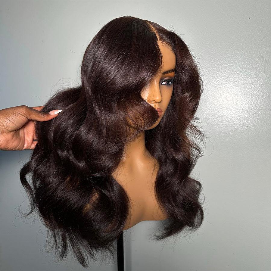 Side view of dark reddish brown lace front wig