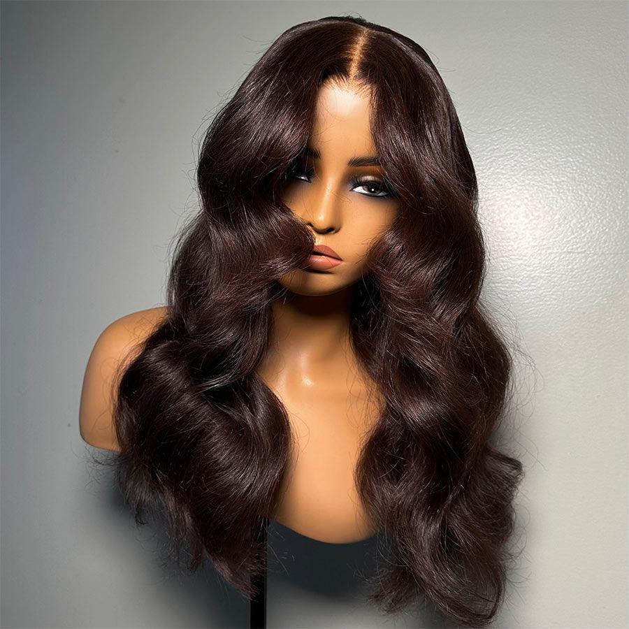 Curly dark reddish brown lace front wig on display