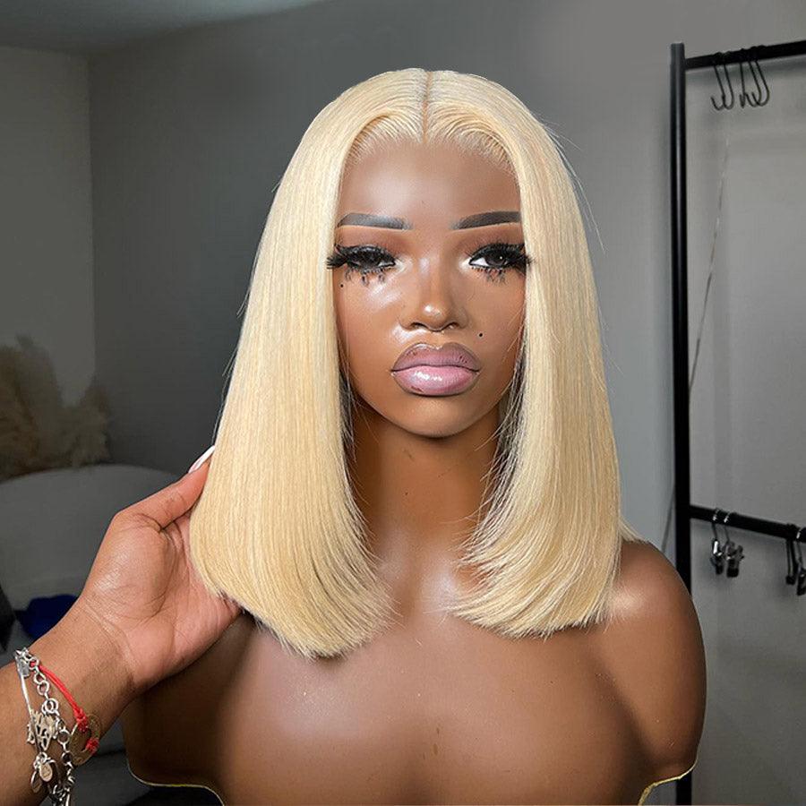 Blonde bob wig on mannequin, straight HD lace closure.