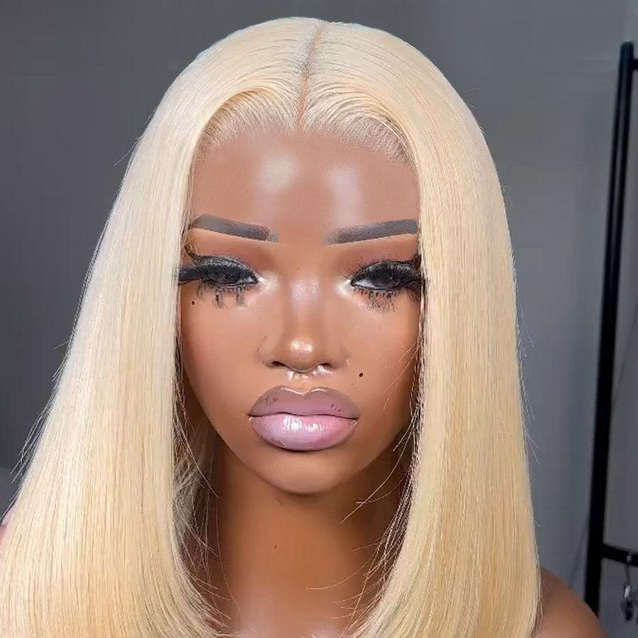 Front view of blonde bob wig with HD lace closure.