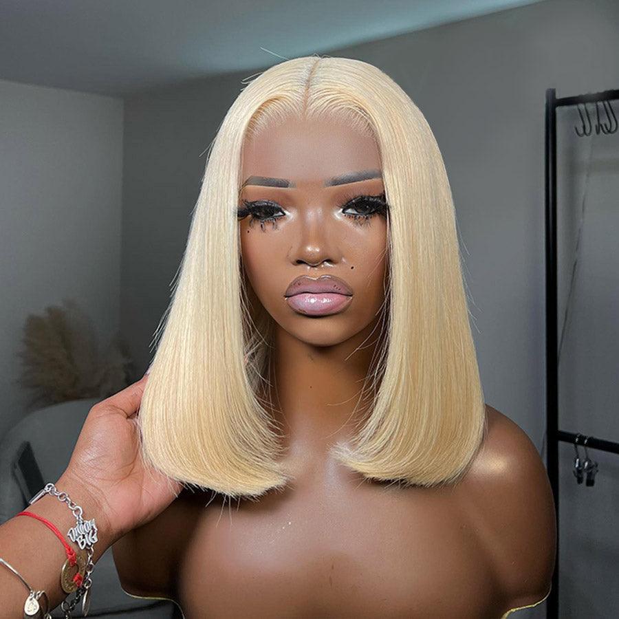 Blonde bob wig on mannequin, straight texture.