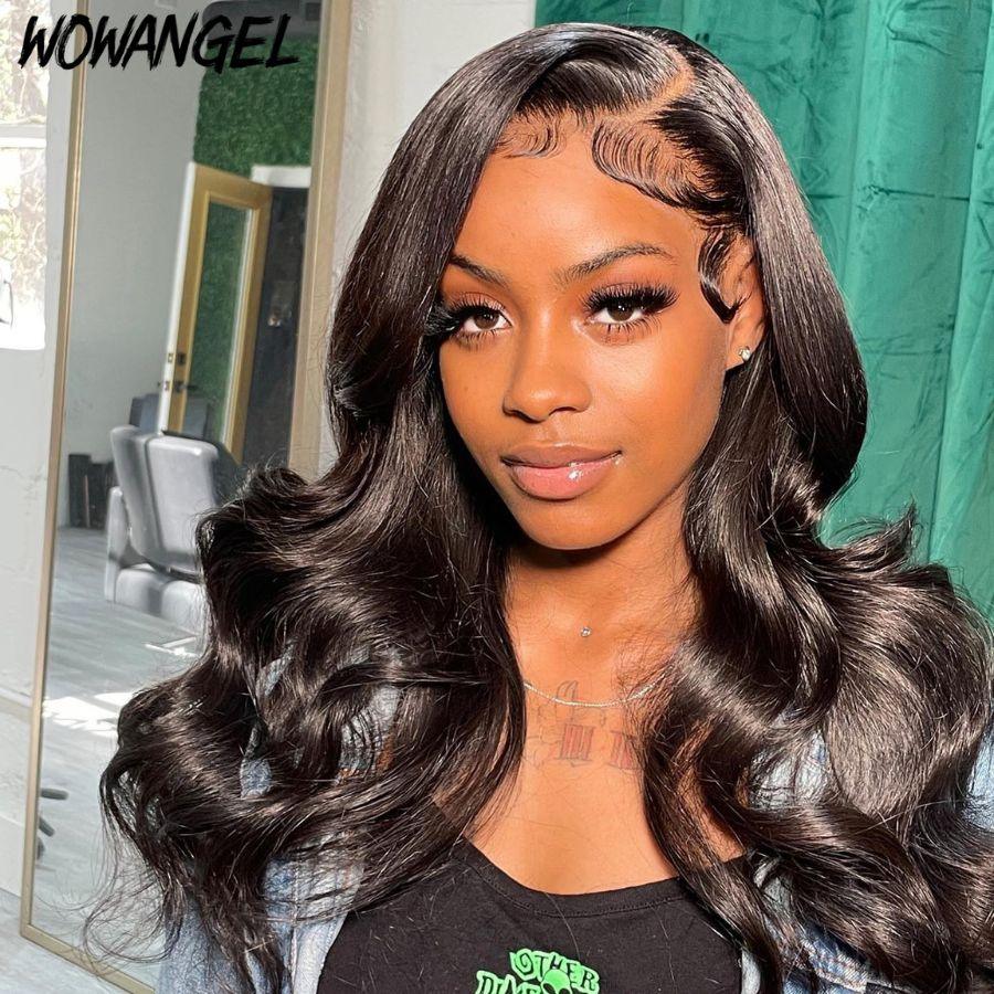 Model wearing WOWANGEL body wave HD lace wig with natural hairline