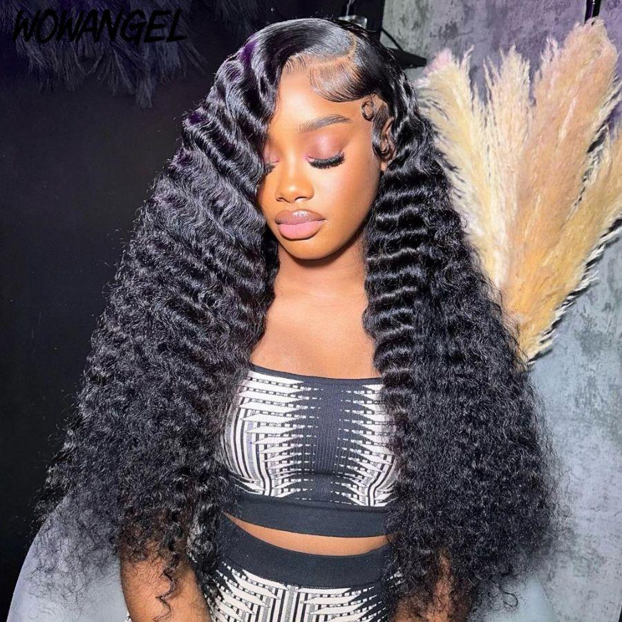 Model wearing deep wave lace front wig with natural curls.