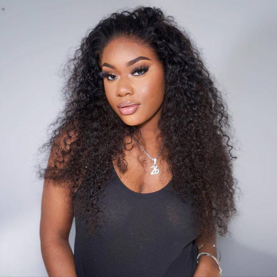 Model wearing WOWANGEL deep curly HD lace front wig