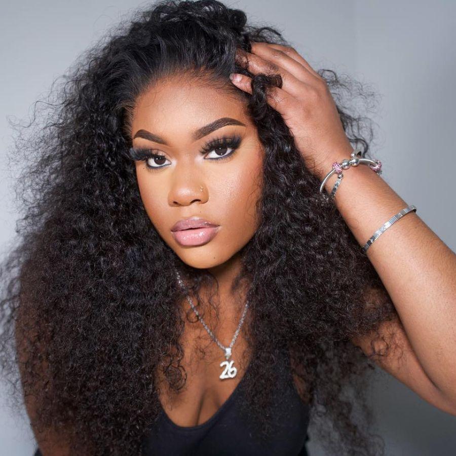 Model showcasing WOWANGEL deep curly HD lace front wig