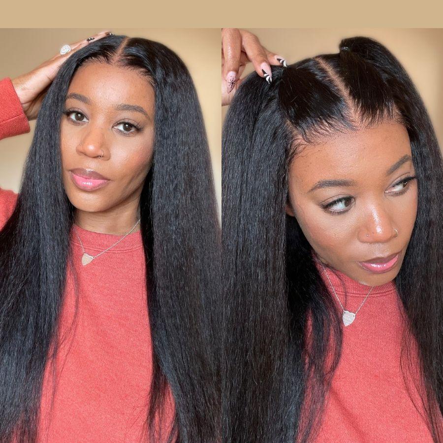 Model wearing WOWANGEL kinky straight HD lace front wig