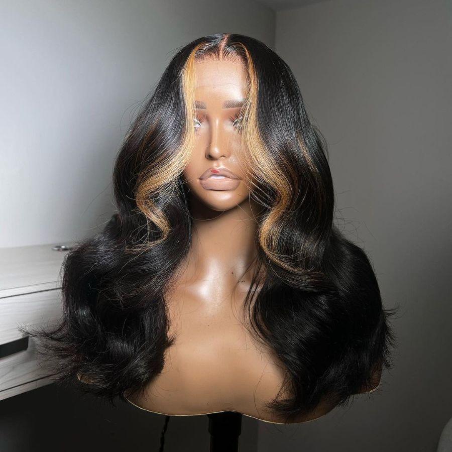 WOWANGEL skunk highlight body wave wig on mannequin