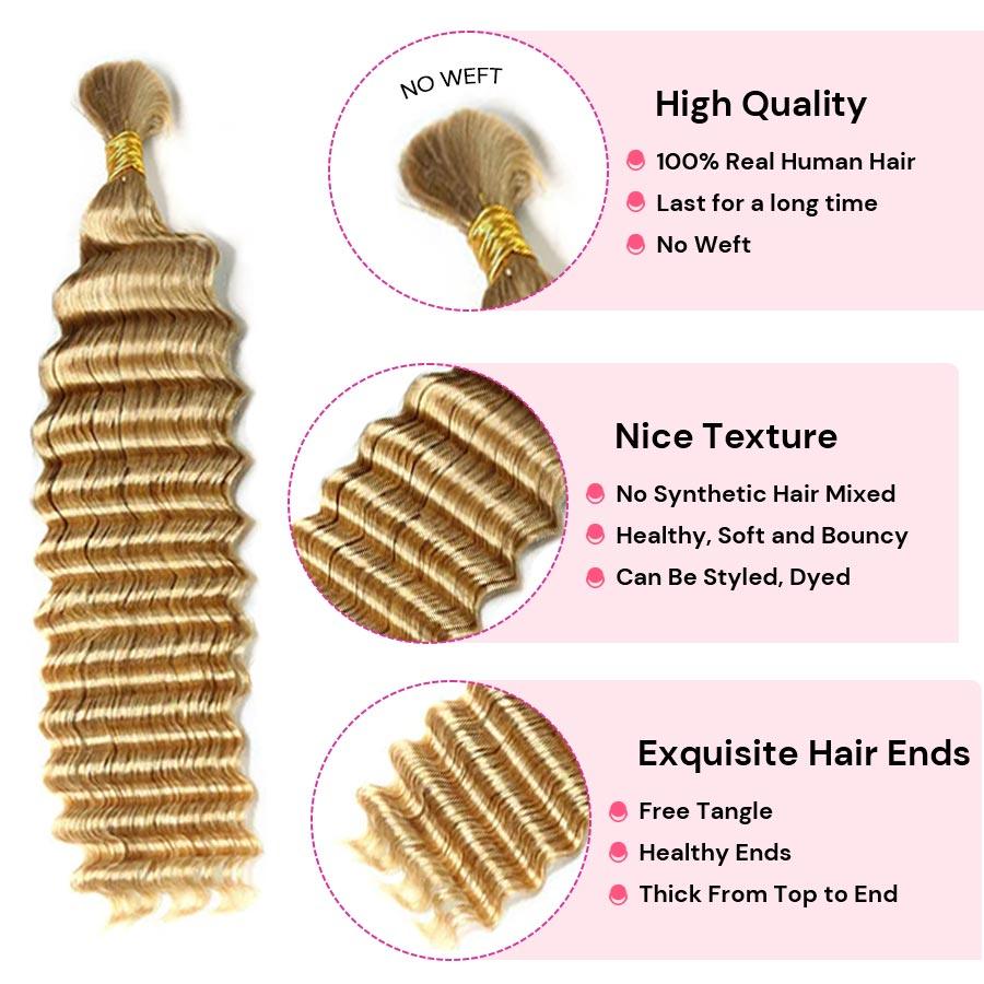 WOWANGEL 27# Color Bulk Human Hair for Braiding Deep Wave 50g/bundle *2 - wowangel