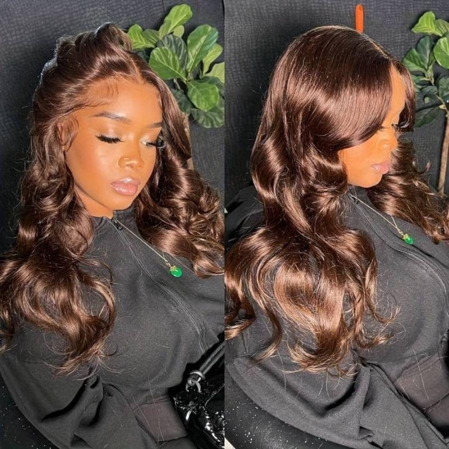 Side view of WOWANGEL brown body wave wig, HD lace frontal