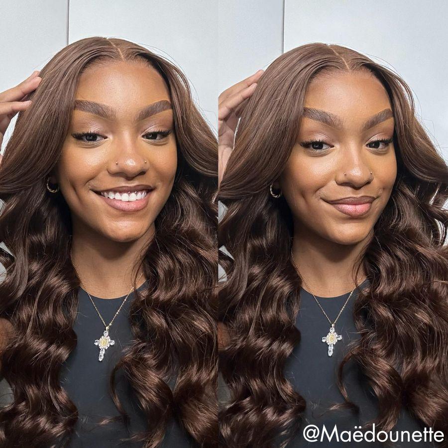 Smiling woman with dark brown body wave lace front wig