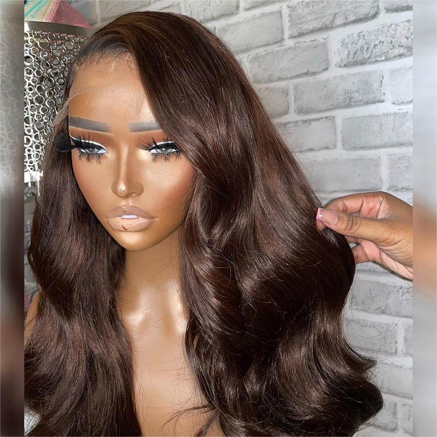 Dark brown body wave wig on mannequin with lace front