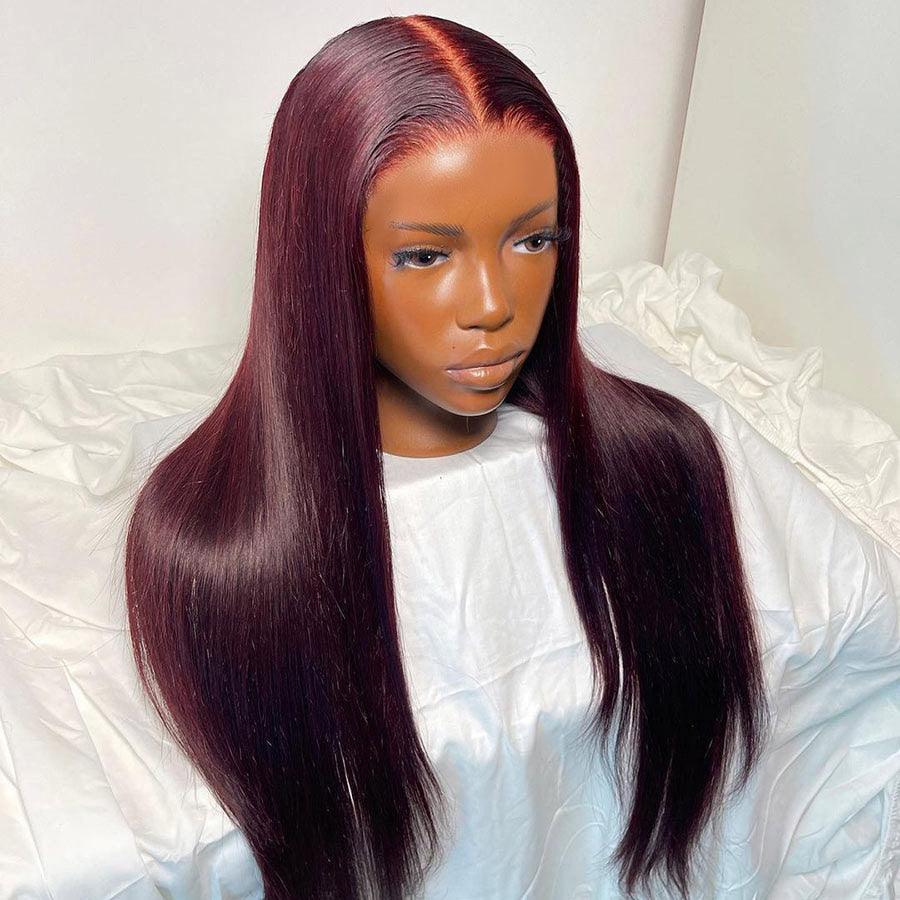 Side view of burgundy 99J straight lace closure wig