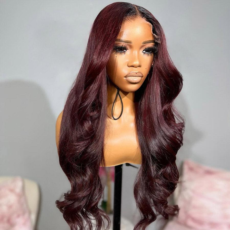 WOWANGEL 99J Burgundy 6x6 Skinlike Real HD Lace Closure Wig with Dark Root - wowangel