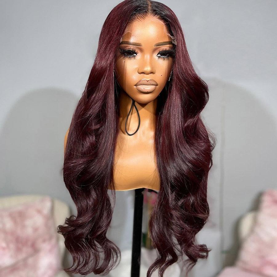 WOWANGEL 99J Burgundy 6x6 Skinlike Real HD Lace Closure Wig with Dark Root - wowangel