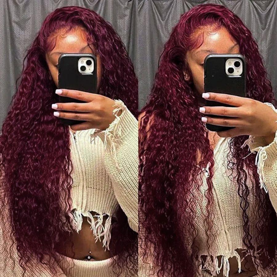 Model wearing WOWANGEL 99J Burgundy Curly Wig, mirror selfie