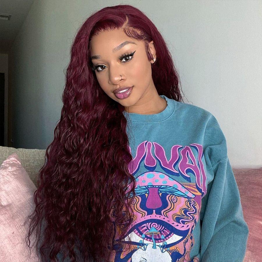 WOWANGEL 99J Burgundy Color Pre Everything 13X6 Lace Front Wigs Water Wave Wear & Go Wig - wowangel