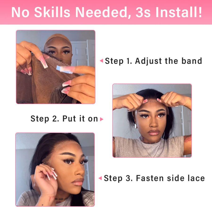 Step-by-step guide for installing the WOWANGEL Burgundy 13x6 Lace Front Wig, demonstrating its easy, glueless application in just three steps.