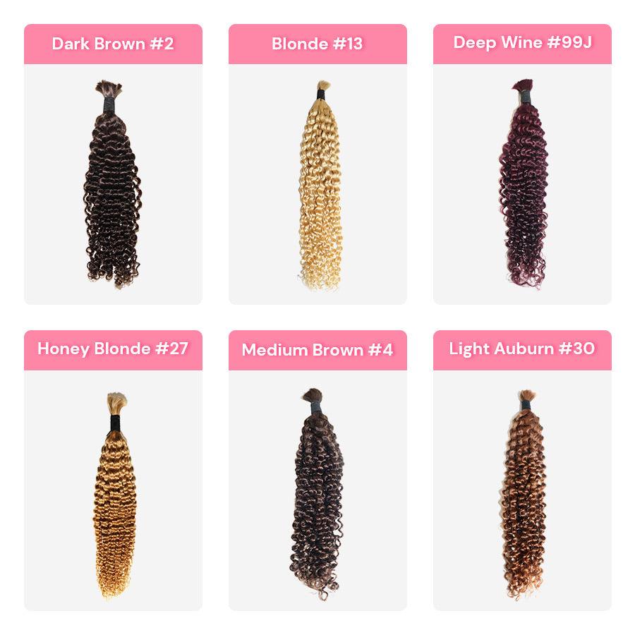 Six color options of curly human hair for braiding.