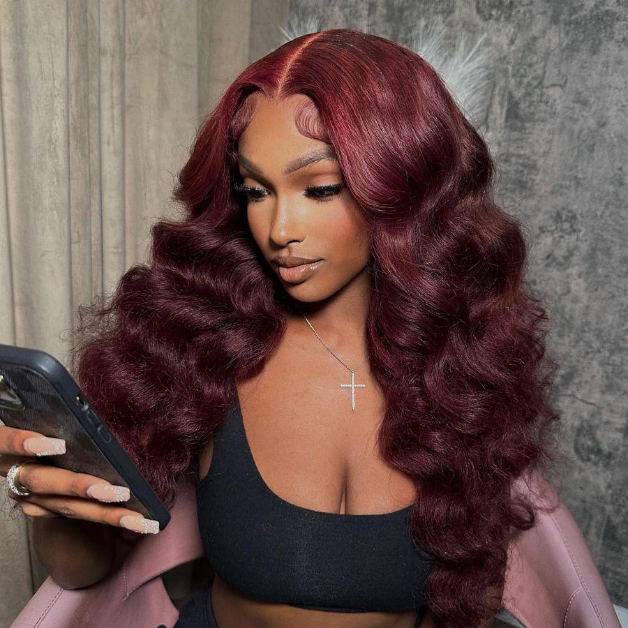 WOWANGEL 9X6 Wear Go Glueless Wig 99J Burgundy Loose Wave HD Lace Wigs - wowangel