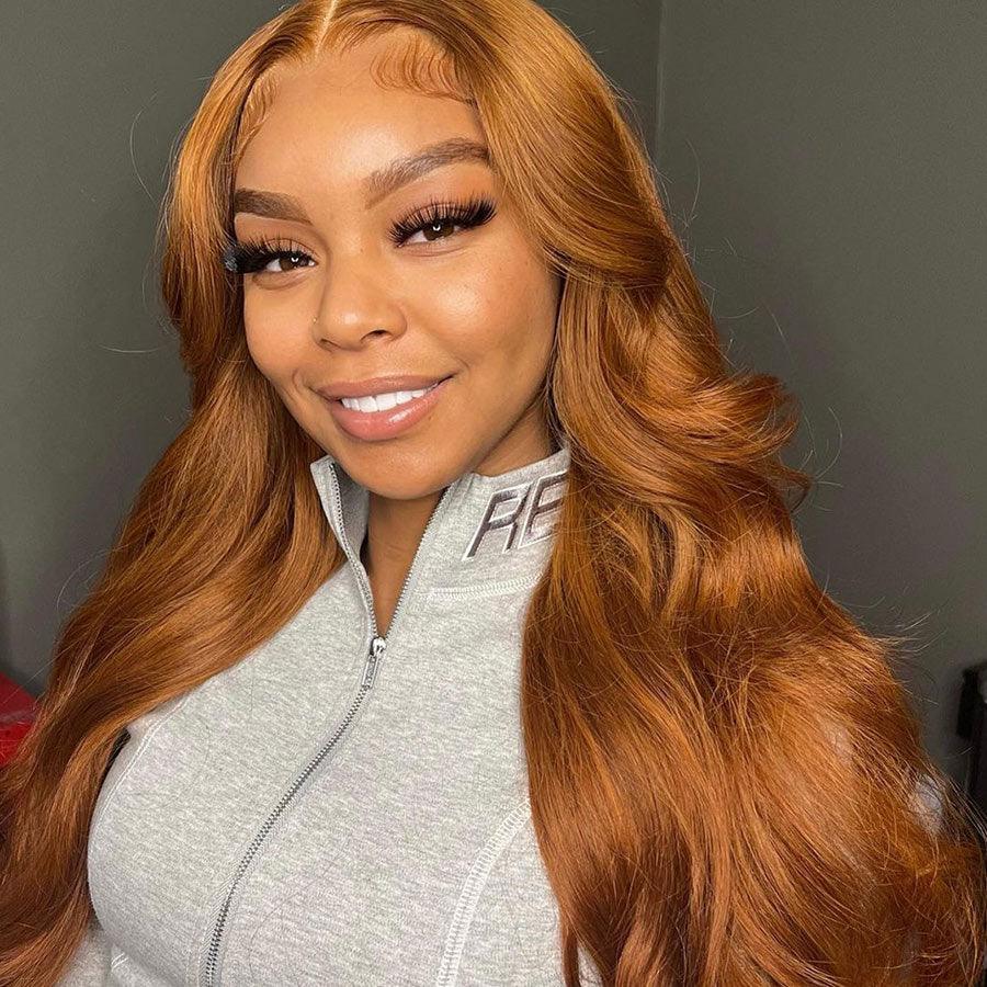 Smiling woman in ginger body wave WOWANGEL HD lace wig