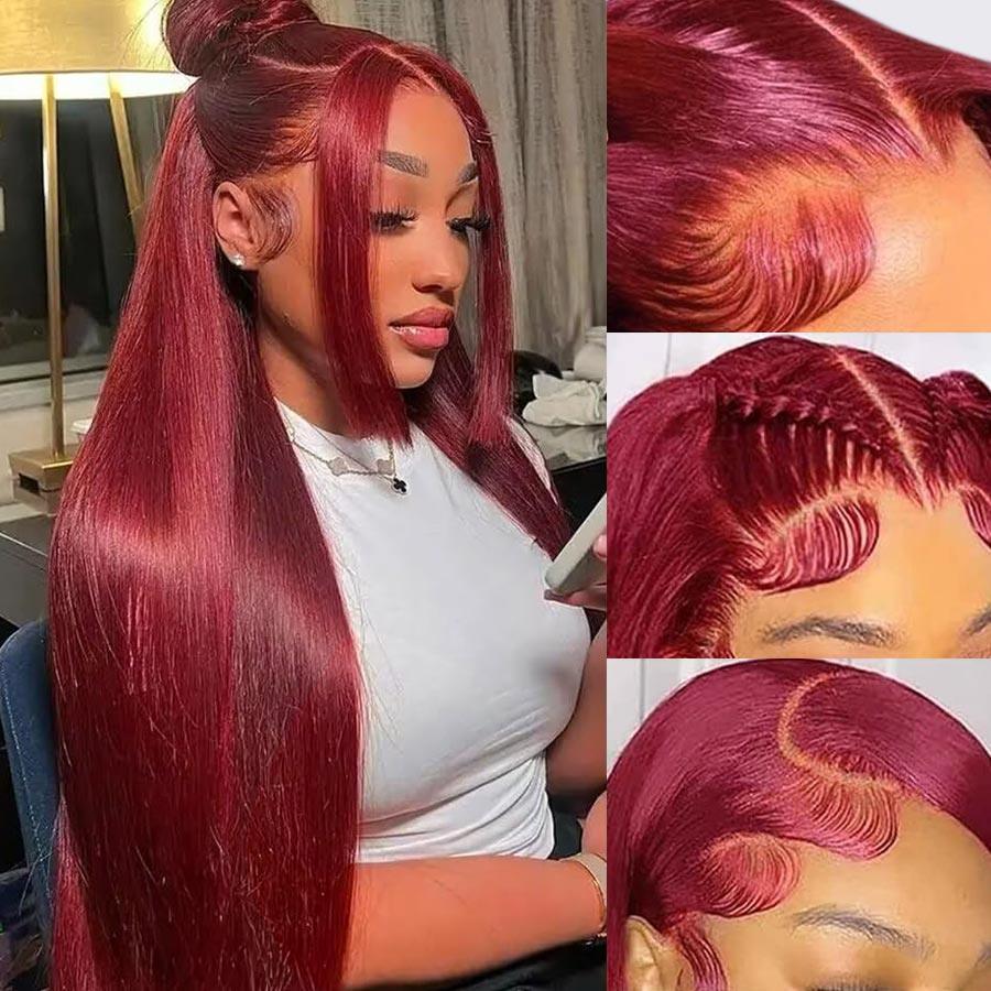 Plum red HD lace wig with straight texture, styled in half-up bun.