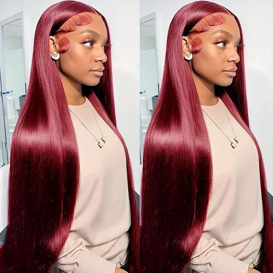 Long plum red straight wig with HD lace, side view.