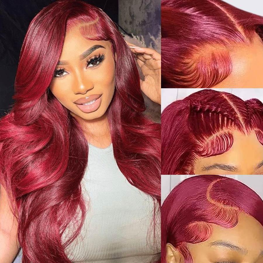 WOWANGEL plum red glueless wig with HD lace, styled on model.