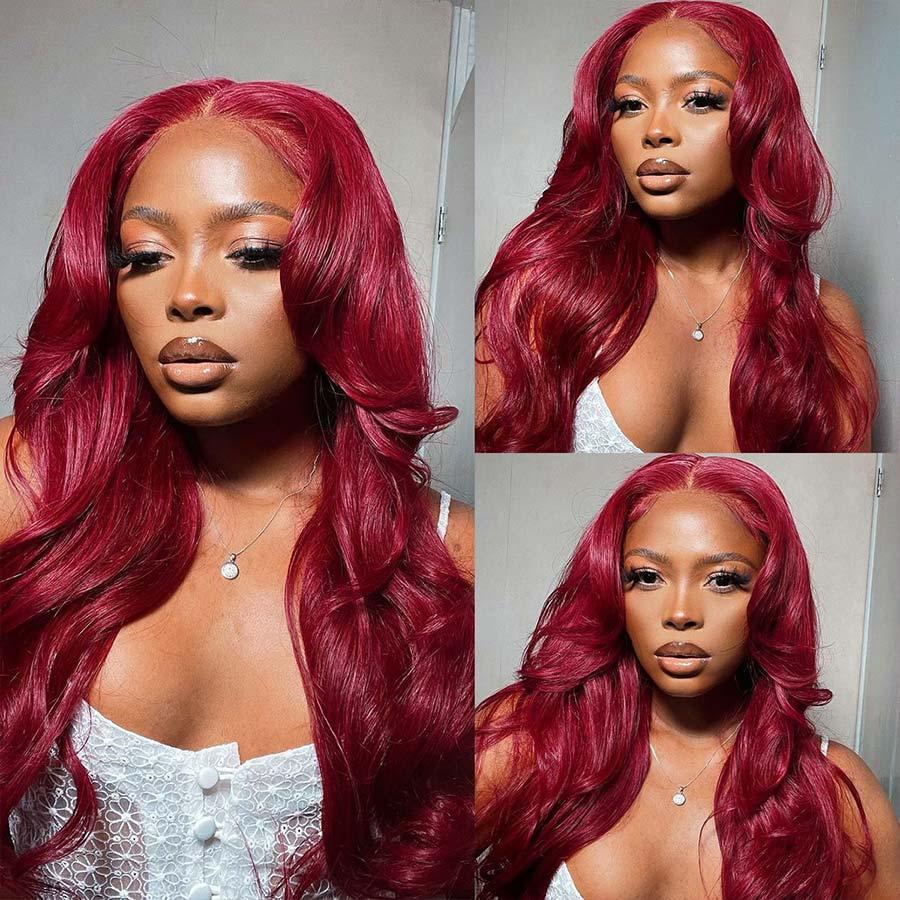 Model wearing WOWANGEL plum red HD lace wig, showcasing style.