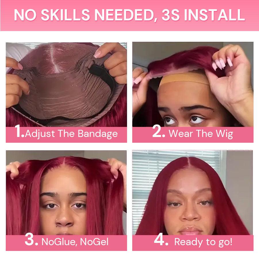 Step-by-step guide for glueless wig installation in 3 seconds.