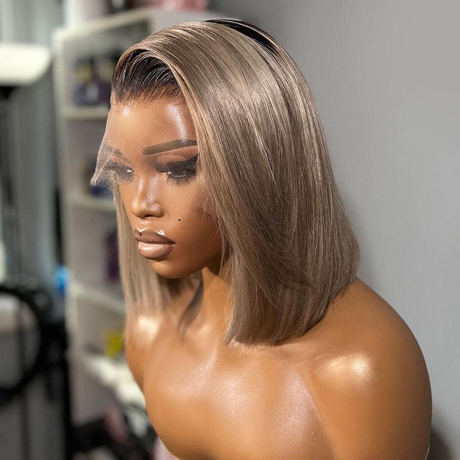 WOWANGEL Ash Grey Straight BOB Ombre 13X6 Skinlike Real HD Lace Wig - wowangel