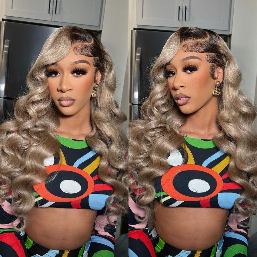 WOWANGEL Ash Grey HD Lace Wig styled in loose waves with a natural hairline, worn by a model in a colorful crop top. 100% human hair wig with 13x6 full frontal lace.