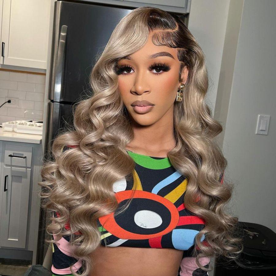 Front view of WOWANGEL Ash Grey Loose Wave HD Lace Wig showcasing soft curls and seamless hairline. Features pre-plucked 13x6 full frontal lace.