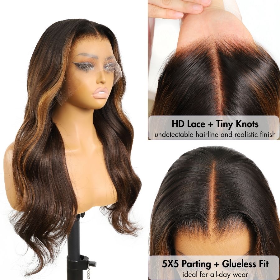 WOWANGEL Blonde Highlight HD Lace 13X6 Full Frontal Wig Pre Plucked Hairline - wowangel