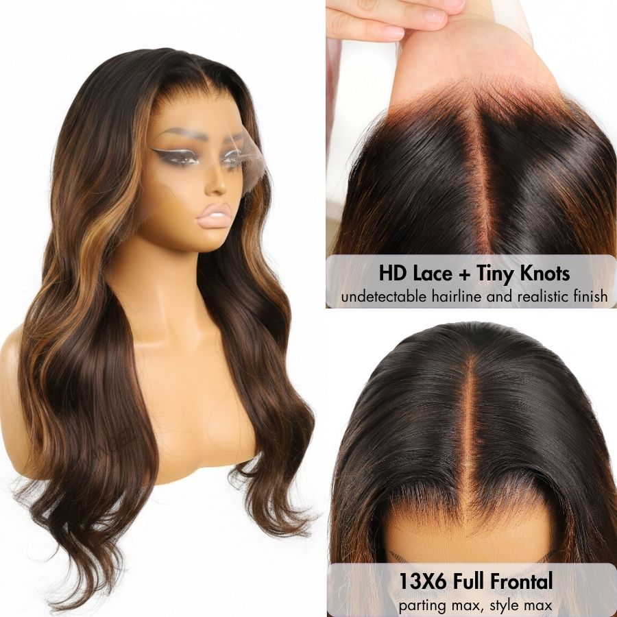 WOWANGEL Blonde Highlight HD Lace 13X6 Full Frontal Wig Pre Plucked Hairline - wowangel