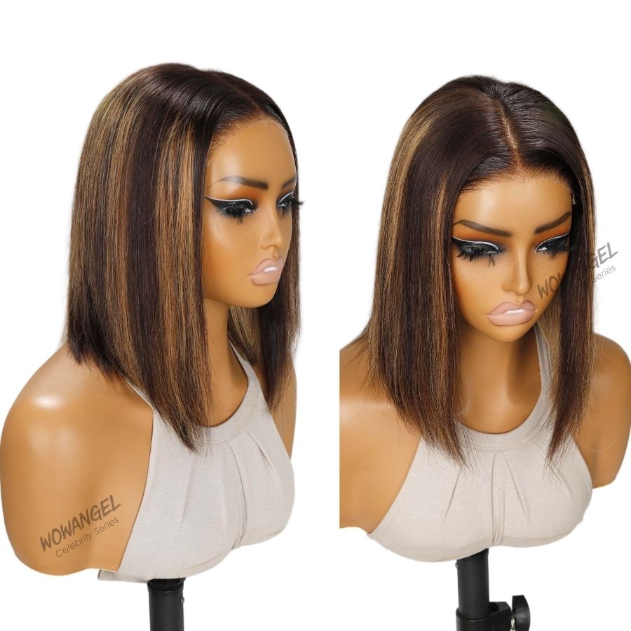 WOWANGEL Blonde Highlight Straight Short Bob Wig 5x5 HD Lace Closure Wig - wowangel