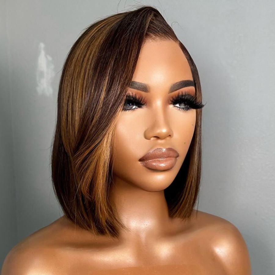 WOWANGEL Blonde Highlight Straight Short Bob Wig 5x5 HD Lace Closure Wig - wowangel